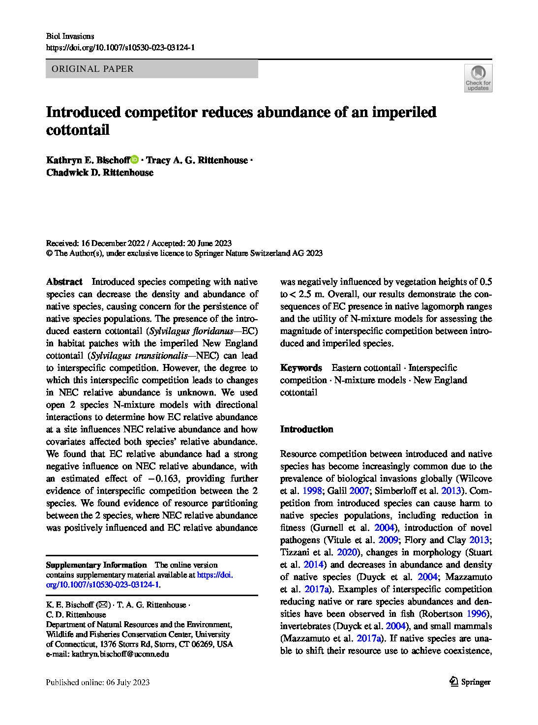 Introduced Competitor Reduces Abundance of an Imperiled Cottontail